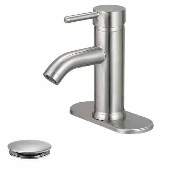 Simple Single-Handle Single-Hole Bathroom Brass Sink Faucet with Pop-Up Drain Assembly Kit Included in Brushed Nickel
