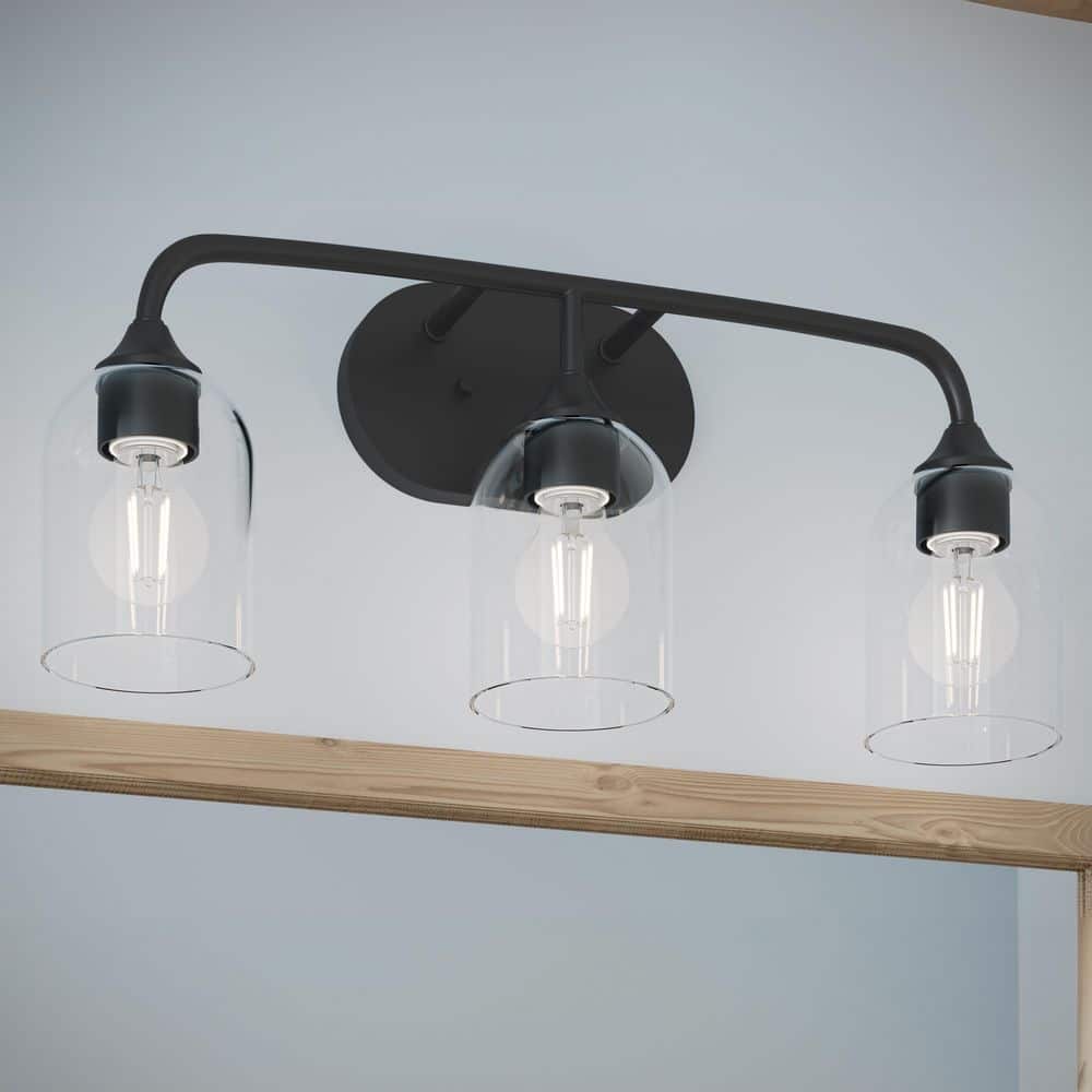 Ilia 22 In. 3-Light Matte Black Transitional Bath Vanity Light with Clear Glass Shades price history on PriceWatchPro