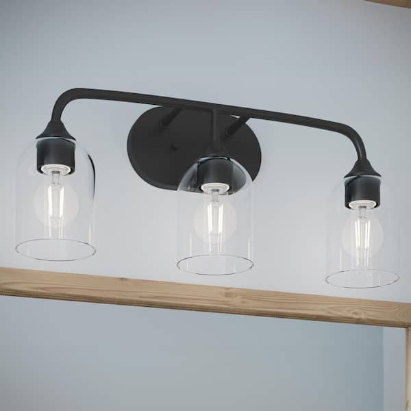 Ilia 22 In. 3-Light Matte Black Transitional Bath Vanity Light with Clear Glass Shades