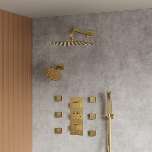 Thermostatic Triple Handles 8-Spray Dual Shower Head Shower Faucet with 6-Jets in Brushed Gold (Valve Included)