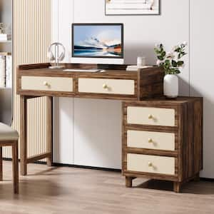 Havrvin 51.18 in. Rectangular Rustic Brown and White 5-Drawer Computer Desk with Saddle Leather Finish for Home Office