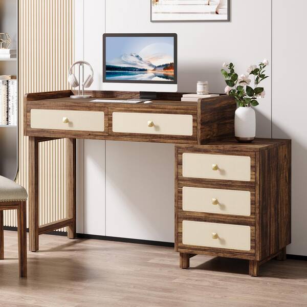 BYBLIGHT Havrvin 51.18 in. Rectangular Rustic Brown and White 5-Drawer Computer Desk with Saddle Leather Finish for Home Office