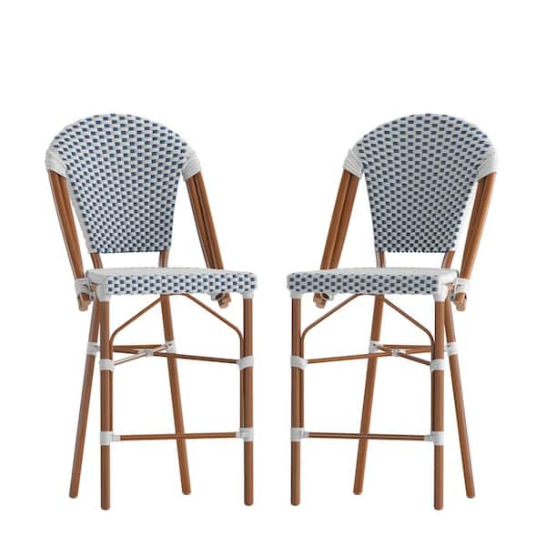 TAYLOR + LOGAN 41.5 in. White/Blue/Natural Mid-Back Metal Bar Stool with Rattan Seat (Set of 2)