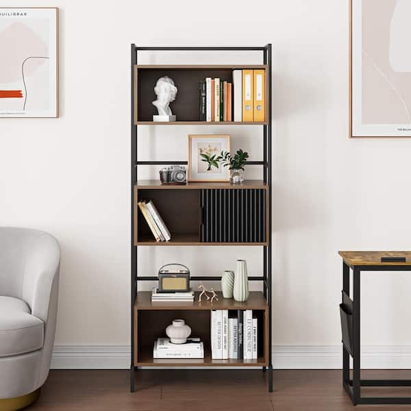 JEAREY 66.1 in. Tall Walnut Wood Bookcase Shelf Organizer 3 Tier Ladder Bookshelf for Home Office, Living Room and Kitchen