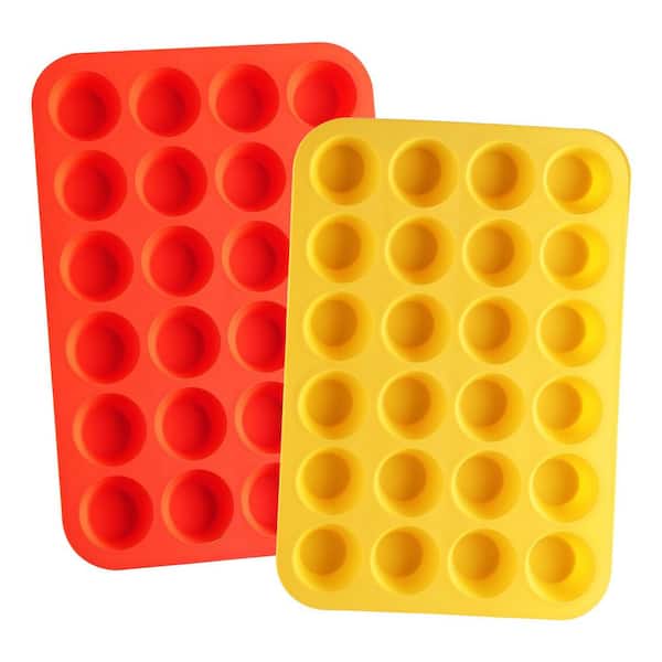 24-Cup Silicone Mini Muffin Pan Non-Stick Food Grade for Baking Cupcakes Muffins Dishwasher Safe 2 pcs Red Yellow