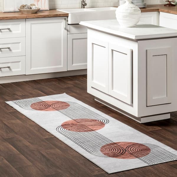 Martine Abstract Sun Machine Washable Dusty White 3 ft. x 8 ft. Modern Runner Rug