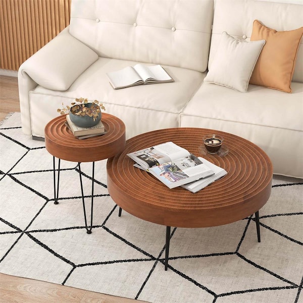 Costway Ripple 31.5 in. Brown Round Wood Coffee Table with Adjustable Feet and (2-Pieces)