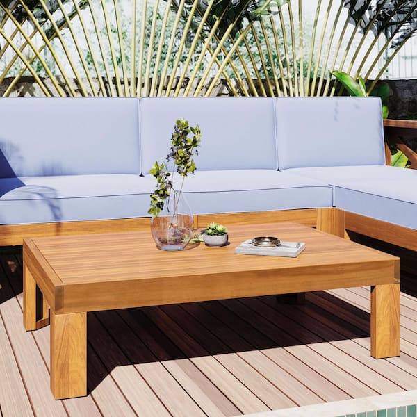 5-Piece Light Brown Soild Wood Outdoor Backyard Sectional Sofa Set with Gray Cushions