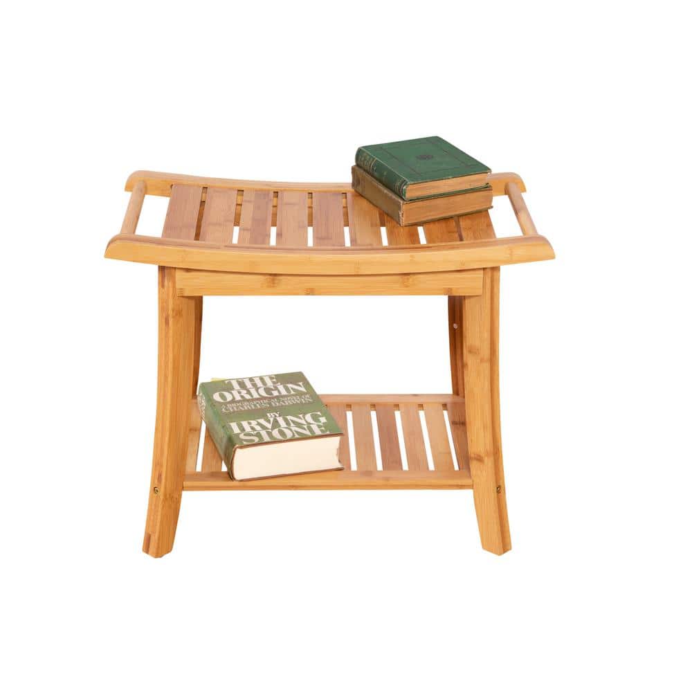 Natural Bamboo Spa Style Bench with Storage Shelf