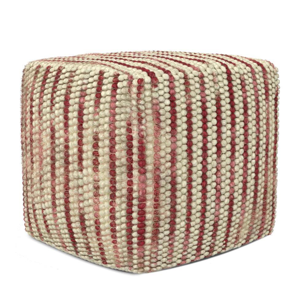 Simpli Home Zoey Maroon Cotton and Wool Boho Cube Woven Pouf AXCPF01