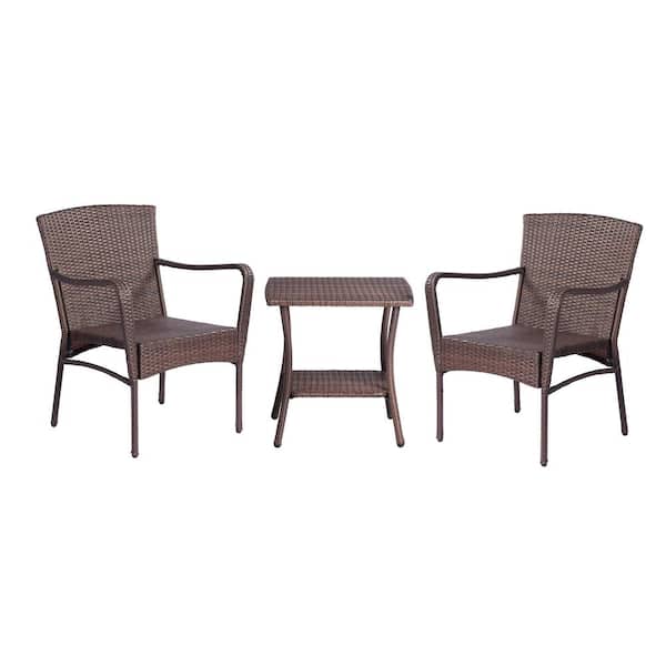 Zeus & Ruta 3-Piece Brown Wicker Patio Conversation Set, 2 Chairs and 1 Coffee Table for Garden, Backyard, Porch, Balcony