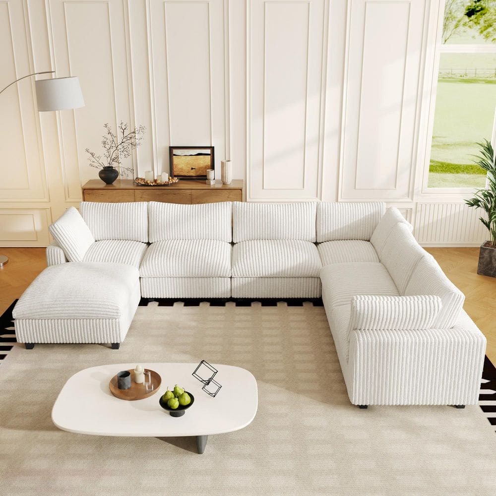 157.48 in. W Square Arm 7-piece Plush Velvet Modular Sectional Sofa with Ottoman, Removable Washable Covers in. Beige