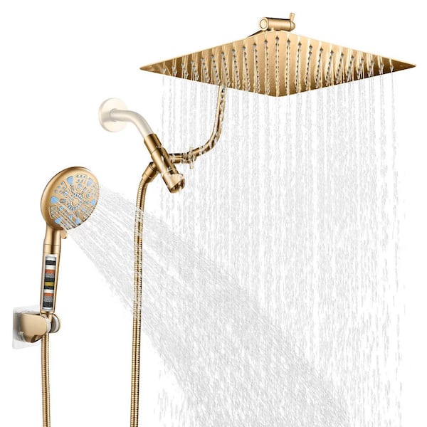 Rainfull 2-in-1 9-Spray Patterns Adjustable Wall Mount Shower Head with Filter 2.5 GPM and Handheld Shower Head in Gold