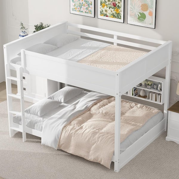 White Queen Over Queen Bunk Bed with Storage Cabinets and USB Ports