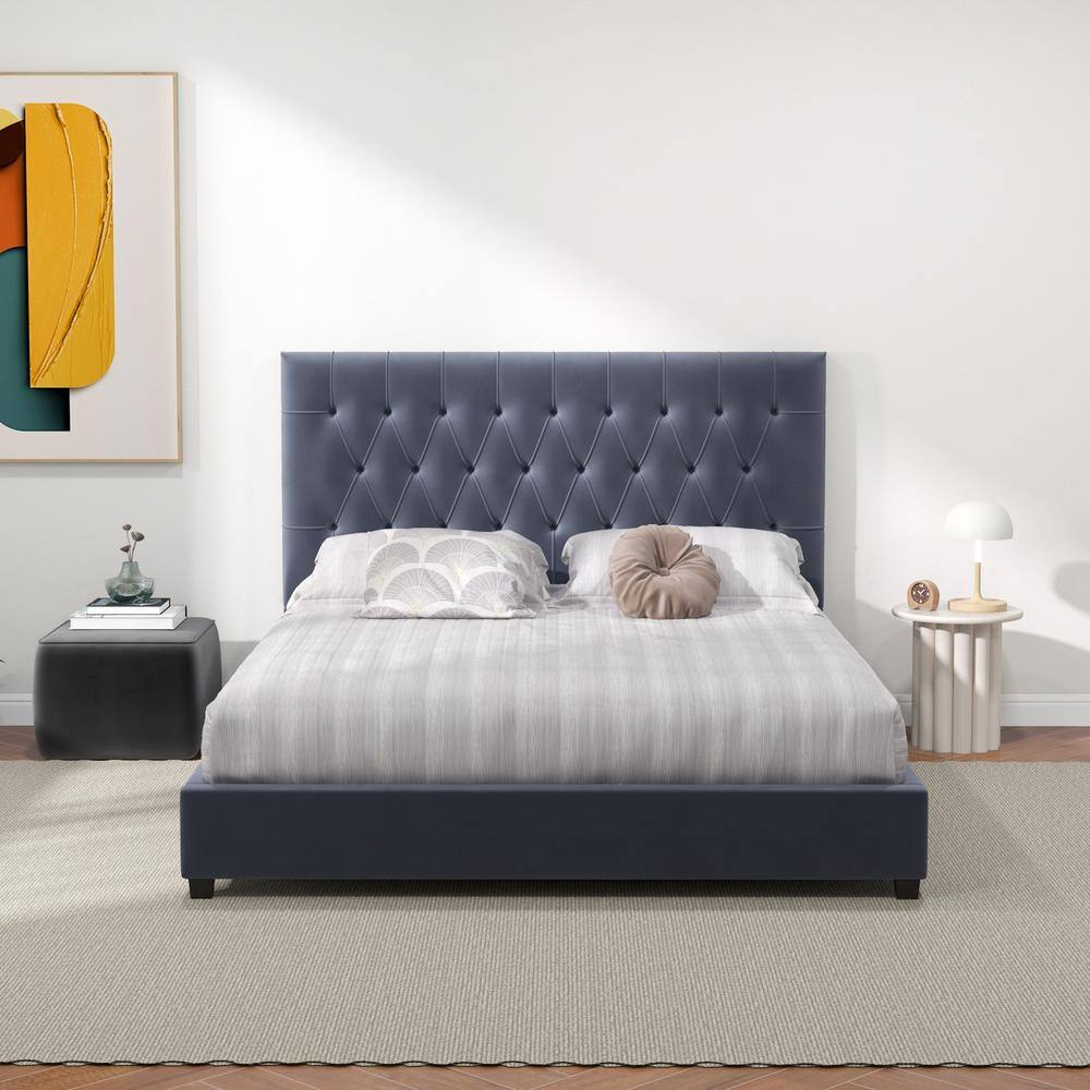 Gray Velvet Upholstered Queen Platform Bed with Tufted Headboard