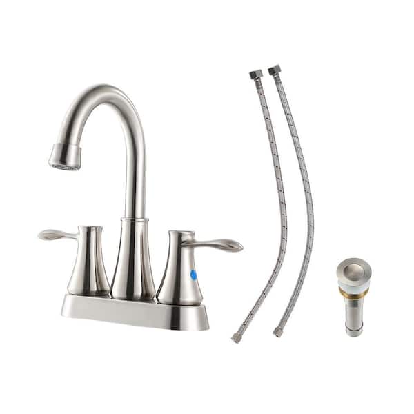 LORDEAR 4 in. Centerset Double Handle High Arc Bathroom Faucet with Drain Kit Included in Brushed Nickel