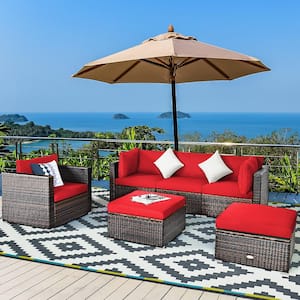 6-Piece PE Rattan Outdoor Sectional Set with Red Cushions
