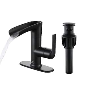 Single Handle Single Hole Bathroom Vanity Sink Waterfall Spout Bathroom Faucet with Filter Particles in Matte Black