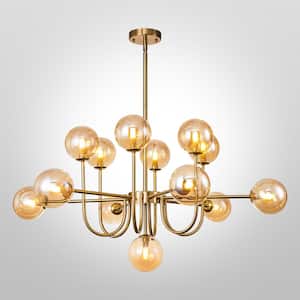 Dalton 13-Light Brass Modern Amber Glass Globe Sputnik Chandelier Vintage Farmhouse Magic Bean Molecule Ceiling Pendant