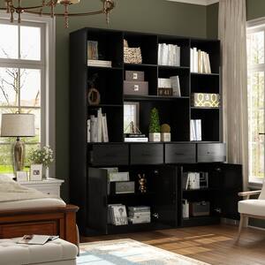 78.7 in. Tall Black Wood 15-Shelf Standard Bookshelf Bookcase Storage cabinet with Adjustable Shelves, 4 Drawers
