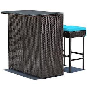 3-Piece Wicker Rectangular Outdoor Dining Set Bar and Stools with Turquoise Cushions