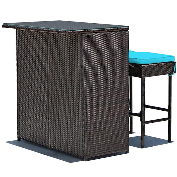 Costway 3-Piece Wicker Rectangular Outdoor Dining Set Bar and Stools with Turquoise Cushions