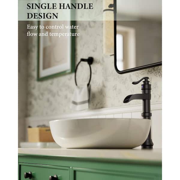 Single Handle Waterfall Vessel Sink Faucet with Drain Kit Included in Matte Black