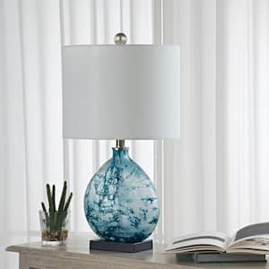 Denver 23 in. Bedside Blue Glass Table Lamp with White Linen Shade