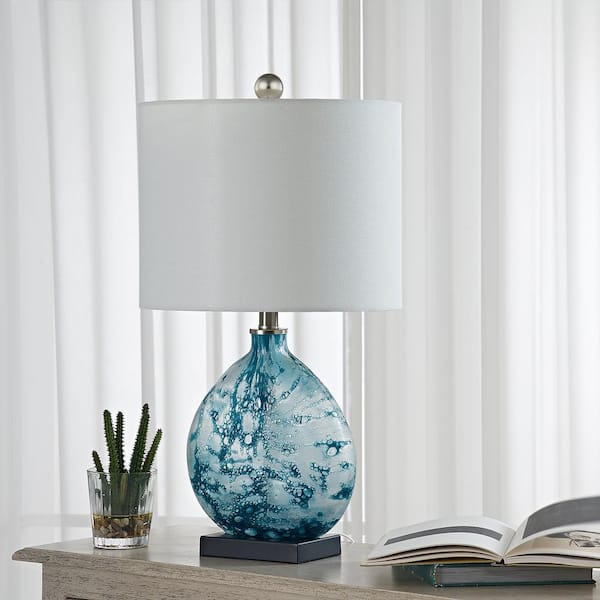 Maxax Denver 23 in. Bedside Blue Glass Table Lamp with White Linen Shade