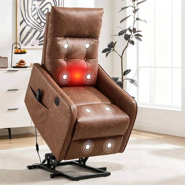 Cindy Brown Faux Leather Upholstered Power Lift Recliner Chair with Massage, Lumbar Heat and USB Port for Elderly