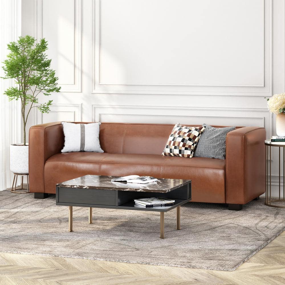 Cognac Brown Faux Leather Lawson Sofa with Square Arms