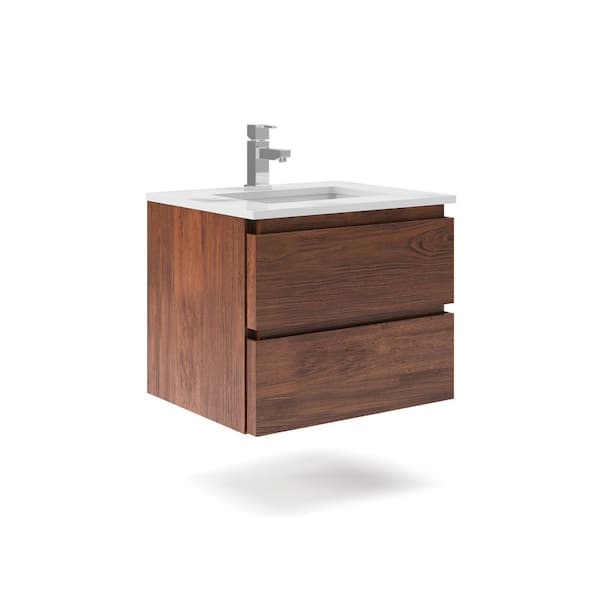 Formosa 24 in. W Modern Single Sink Wall Hung Bath Vanity in Warm Walnut with Quartz Stone Vanity Top in White