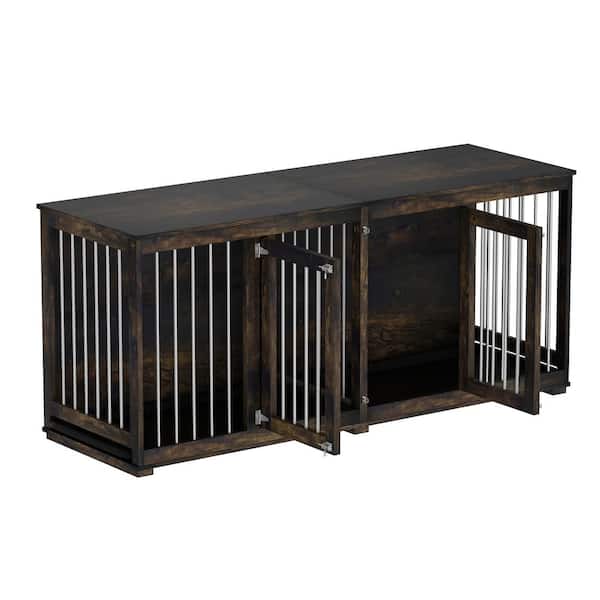 FUFU&GAGA 71 in. Heavy-Duty Wooden Dog Crate, Dark Tiger Skin Large Dog Kennel Furniture w/Trays and Divider for Large Medium Dogs