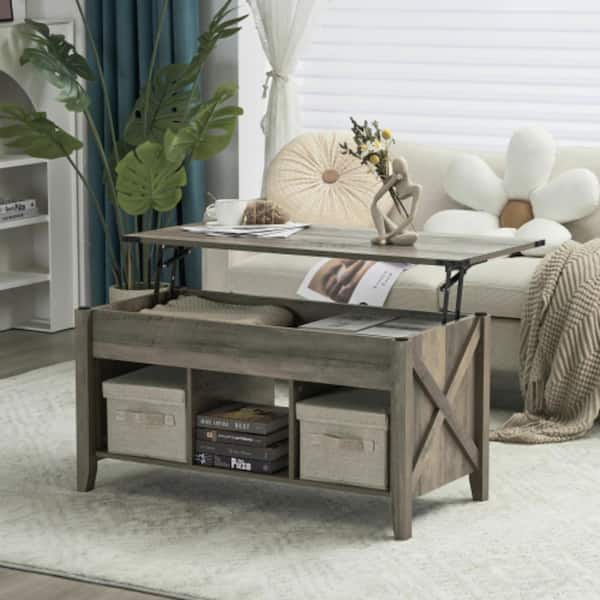 VINGLI 37. 8in Wash Grey Rectangle MDF Coffee Table with Extendable Lifting Function