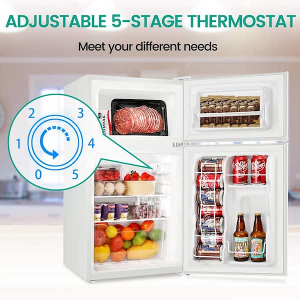 19.68 in. 3.2 cu.ft. 2-Doors Mini Refrigerator in White with Freezer and Reversible Door