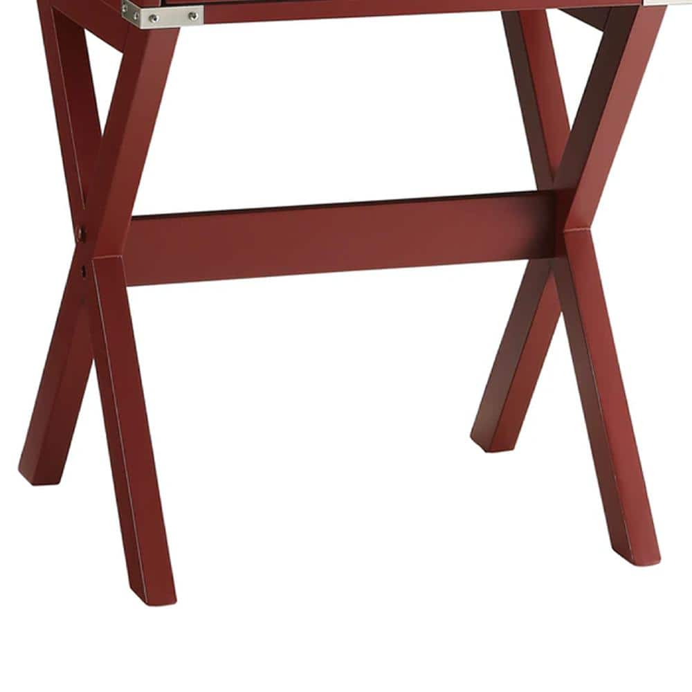 Red Square Wooden End Table with Metal Accents and Storage