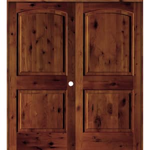 64 in. x 80 in. Rustic Knotty Alder 2-Panel Left Handed Red Chestnut Stain Wood Double Prehung Interior Door w/Arch-Top