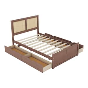 Antique Expresso Brown Wood Frame Full Size Platform Bed with 4 Storage Drawers and Rattan Headboard