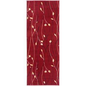 Grafix Red 2 ft. x 8 ft. Floral Contemporary Kitchen Runner Area Rug