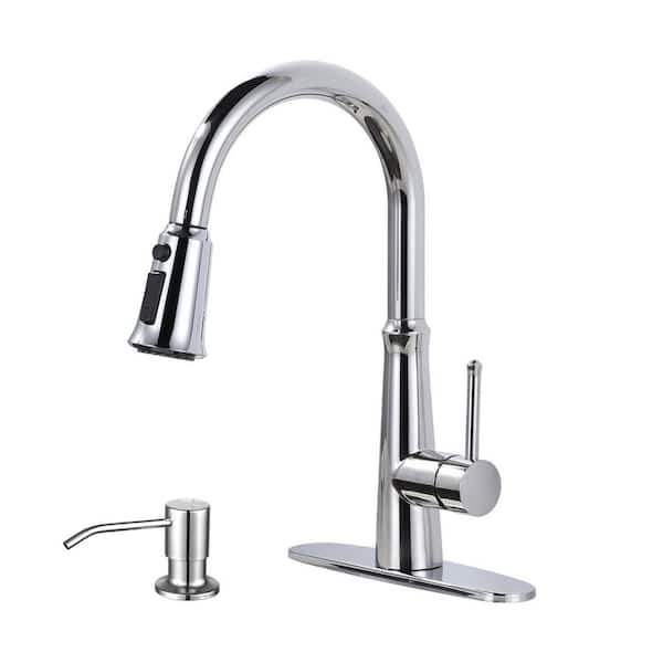 Single Handle Pull Down Sprayer Kitchen Faucet with Soap Dispenser and Deck Plate Included in Polished Chrome