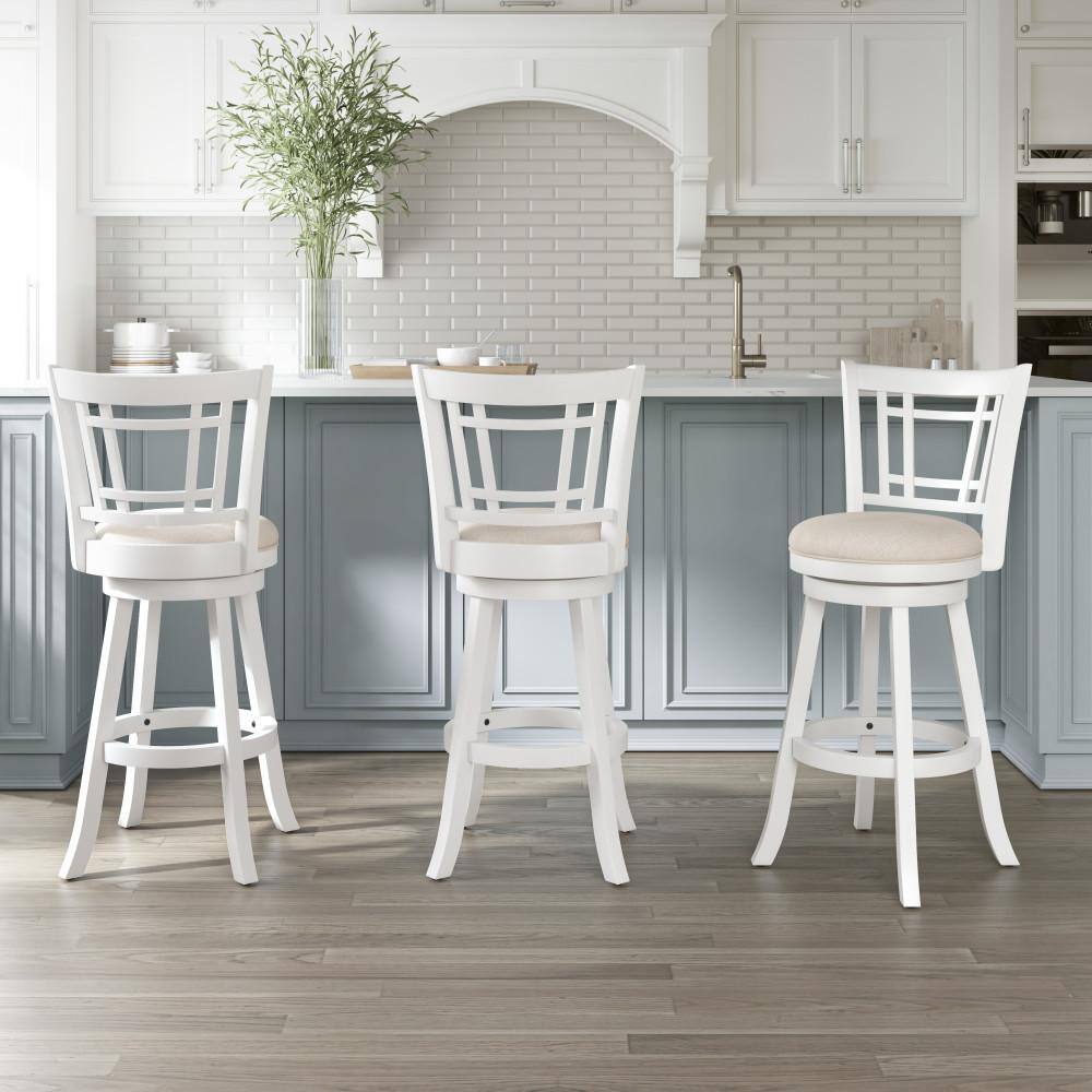 Elegant White Swivel Bar Stool with Beige Fabric Seat and Wood Accents