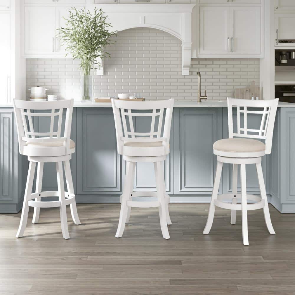 Elegant White Swivel Bar Stool with Beige Fabric Seat and Wood Accents