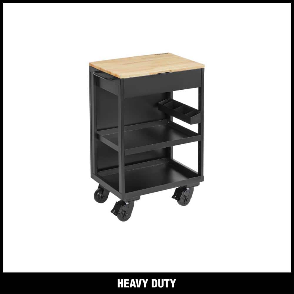 Heavy Duty Welded Utility Cart with Wooden Top in Black (24.25 in. W x 37.5