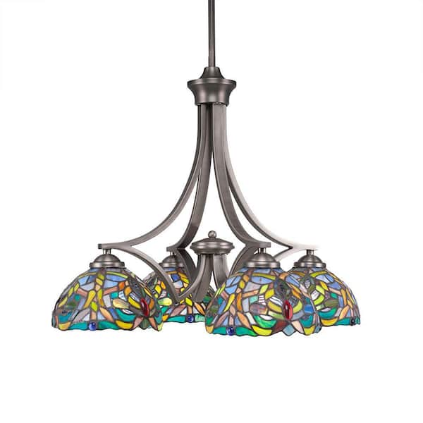Unbranded Clevelend 4-Light Graphite Chandelier Round Chandelier with 7 in. Kaleidoscope Art Glass Glass Shades No bulbs included