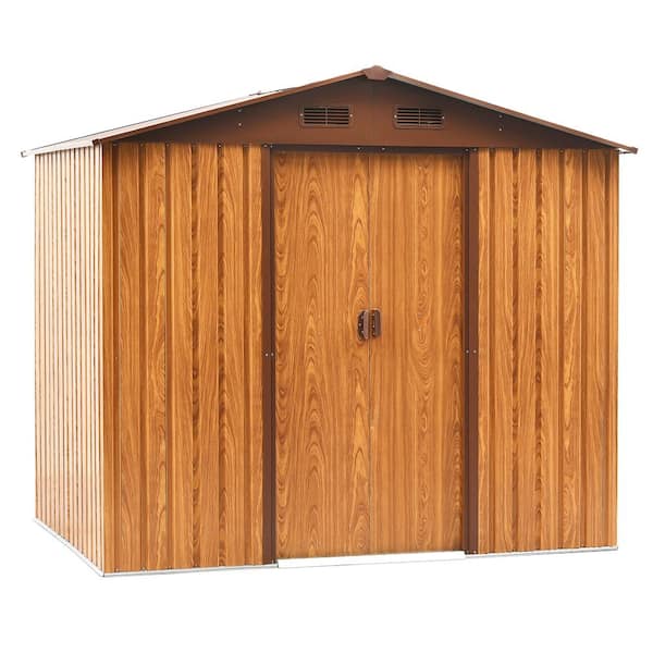 Unbranded 7.4 ft. W x 5.3 ft. D Wood Grain Metal Storage Shed with Sliding Lockable Doors (50 sq. ft.)