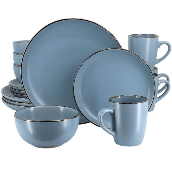 Gibson Home Rockaway 16-Piece Stoneware Metallic Rim Dinnerware Set in Matte Blue
