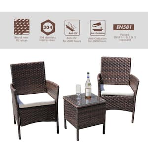 Alice Brown 3-Piece Wicker Outdoor Bistro Set with White Cushions