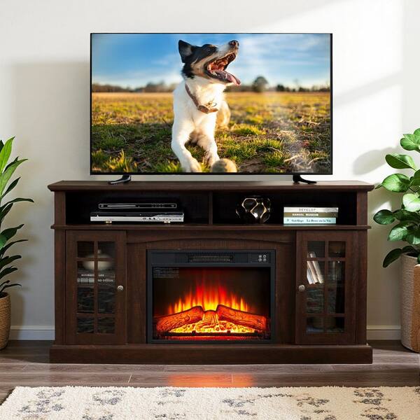 58.25 in. Classic Freestanding Electric Fireplace TV Stand with Open and Closed Storage Space, Espresso