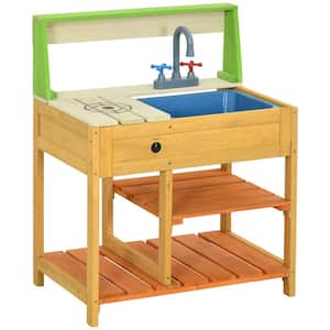 Outdoor Mud Kitchen for Kids, Wooden Kitchen Playset with Kitchen Toys, Faucet and Sink, Storage Shelves, Colorful