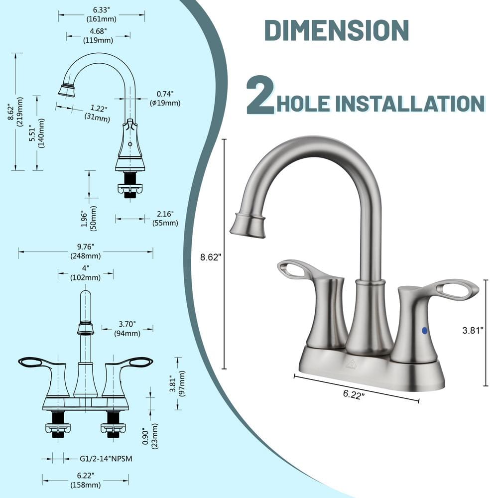 Brushed Nickel Dual Handle High Arc Bathroom Faucet with Metal Drain